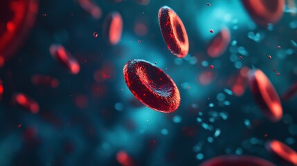 Digital illustration of red blood cells with a prominent one in the center against a dark bluish backdrop, depicting a microscopic view within the bloodstream.