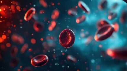 This image depicts a close-up representation of red blood cells with a focus on a single cell, signifying a microscopic view within the bloodstream.