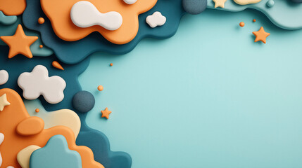 Abstract 3D layered paper cut style background with geometric shapes in orange, blue, and white. Stars, clouds, and circles create a playful and dynamic composition.