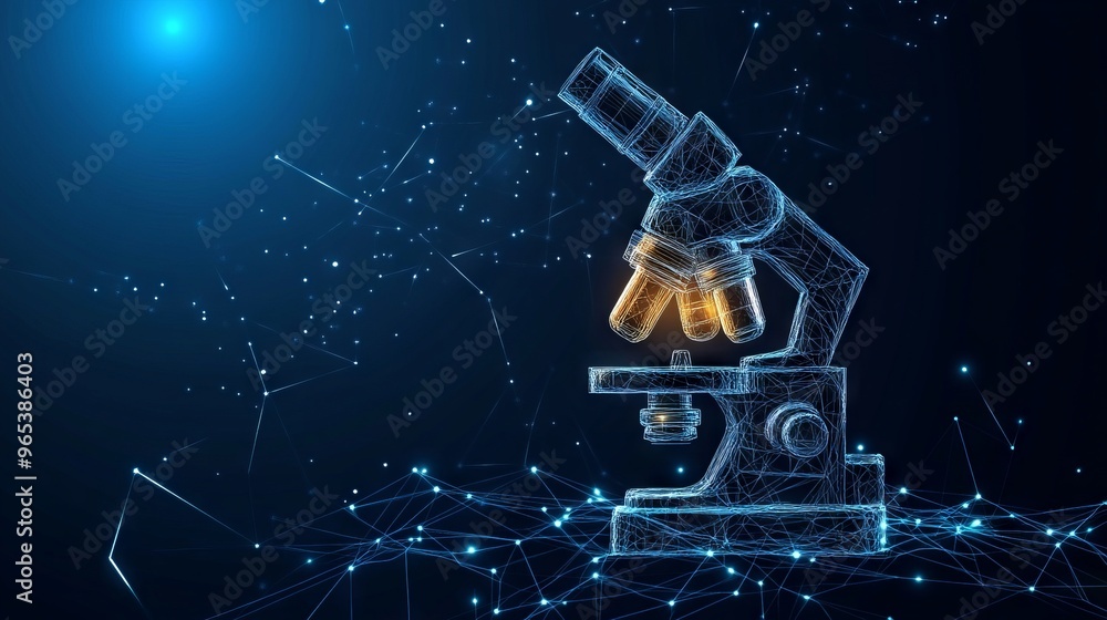 Poster abstract mash line and point microscope on background with an inscription. vector education and scie