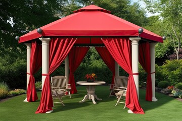 Stunning Open-Air Red Canopy Gazebo with Robust Pillars and Grand Entry for Garden Installation