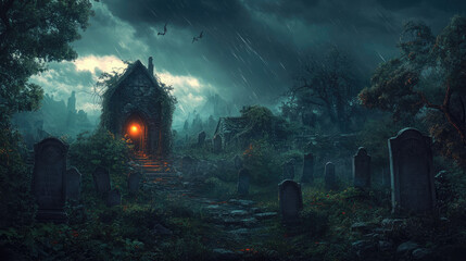 A graveyard with a small house and a cemetery with many graves