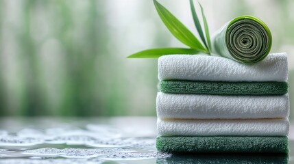 A stack of eco-friendly paper towels with bamboo, space for environmentally friendly messaging.