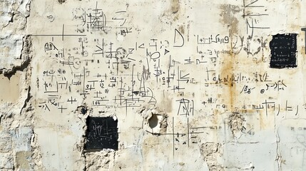 Obraz premium An aged wall featuring mysterious inscriptions and markings, showcasing a blend of texture and history.