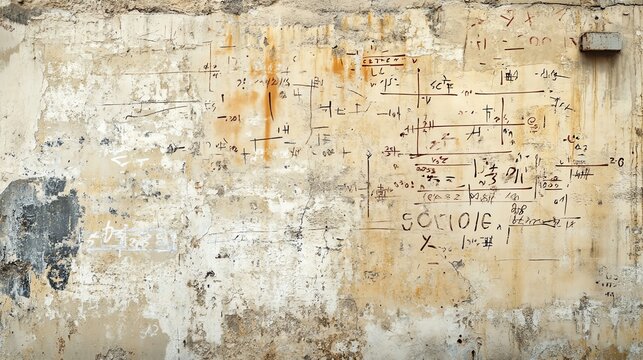 An aged wall featuring scratched equations and sketches, showcasing a blend of history and mathematics in urban decay.