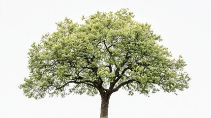 A beautifully shaped oak tree in spring, with fresh, light green leaves against a pure white backdrop.