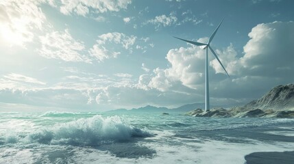 A wind turbine on a coastal landscape with waves crashing, space for text in the sky.