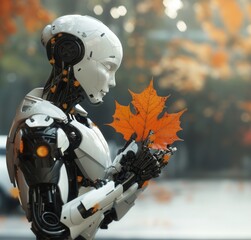 a white humanoid robot is in the park, he is holding a beautiful orange autumn leaf
