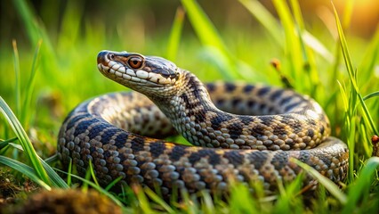 Fototapeta premium The Common European Adder slithers silently through lush green grass, sunlight dancing across its scales in a mesmerizing display of serenity.