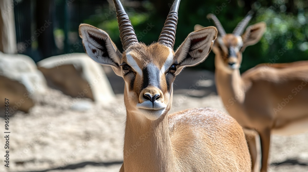 Poster two antelope standing in a field with some trees behind them, ai