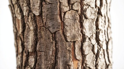 Fototapeta premium A close-up of an oak tree trunk, highlighting the rough, textured bark against a white background.