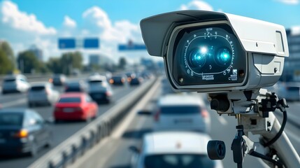 Speed Radar Gun Monitoring Traffic on Busy Highway