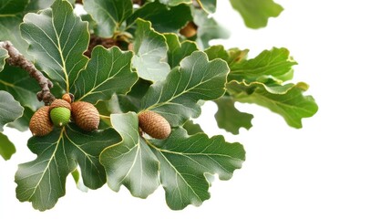 Fototapeta premium A close-up of an oak tree's green leaves with acorns, isolated on a white background.