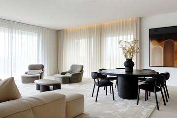 Fototapeta premium Minimalist, japandi interior design of modern living room with dining table.