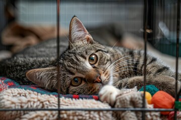 A stray homeless cat in an animal shelter cage. Stray homeless cat in animal shelter, abandoned hungry cat. World Cat Day, International Cat Day