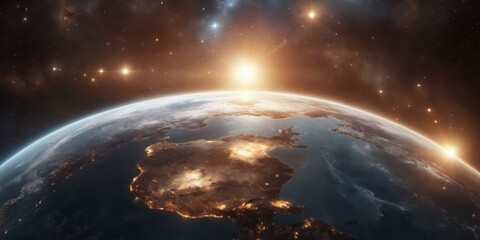 Fototapeta premium Earth from Space: Dark Background with Stars and Galaxies, Sun I