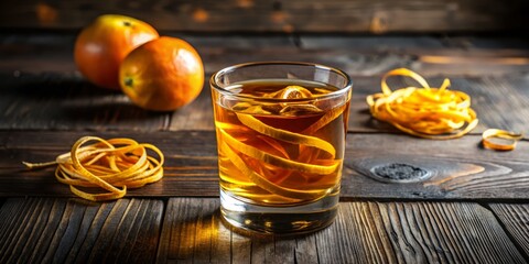 A glassful of golden liquid glows with an amber hue, nestled on a dark wood table, where citrus peel twists add a pop of color.
