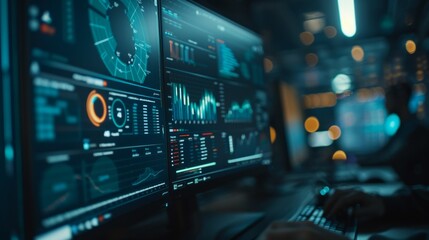 Obraz premium Close-up of an AI-driven grant matchmaking interface with collaborating team in the background during an intense tech session