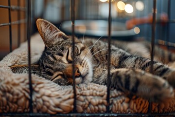 Stray homeless cat in animal shelter, abandoned hungry cat. World Cat Day, International Cat Day. A stray homeless cat lying on its side in an animal shelter cage.