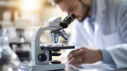 Scientist using a microscope in a laboratory, conducting research and analysis, focusing on scientific discovery and innovation