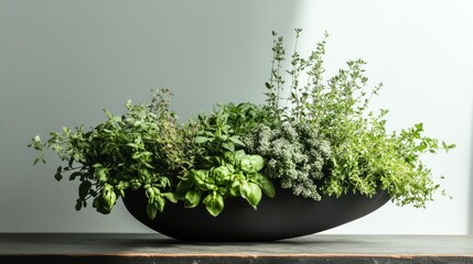 Assorted Herbs Growing in a Black Oval Planter