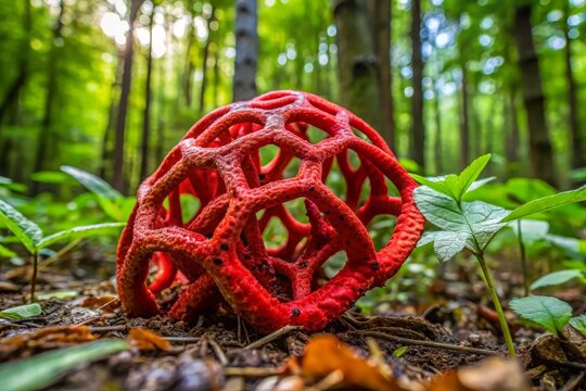 A large, fiery red fungus, Clathrus ruber, bursts forth from the earth's surface in a forest, its intricate lattice-like arms stretching towards the sky.