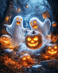 Spooky Halloween Ghosts and Jack O Lantern in Haunted Forest