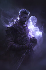 Fototapeta premium A strong looking mage in his thirties with a short beard, wielding a short sword glowing with dark purple energy