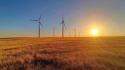 Obraz premium Wind turbines in a vast field under a bright sun with plenty of sky for copy space.
