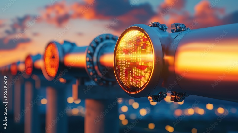 Poster futuristic transparent oil pipeline with floating price displays - global energy market analysis con