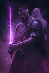 Fototapeta premium A strong looking mage in his thirties with a short beard, wielding a short sword glowing with dark purple energy