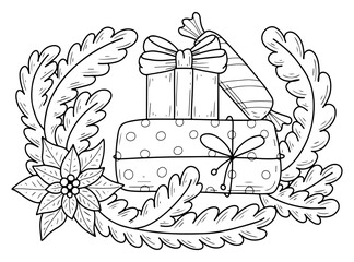 Christmas coloring page gifts in fir branches hand drawn. Present packaging. Red poinsettia flower. Happy holiday. Merry Christmas. Vector doodle illustration. Coloring book for kids and adults.