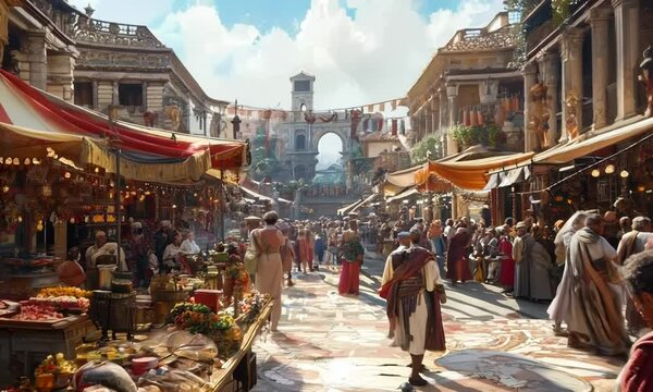 A bustling ancient Roman marketplace, filled with merchants, artisans, and the sounds of everyday life, reflecting the vibrancy and diversity of the Roman Empire. Video
