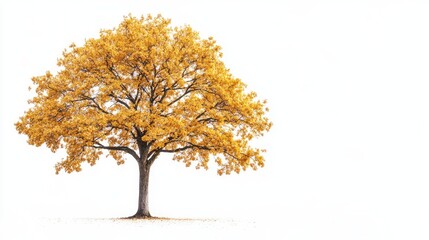 Naklejka premium A single oak tree with golden autumn leaves, isolated on a clean white backdrop for seasonal display.