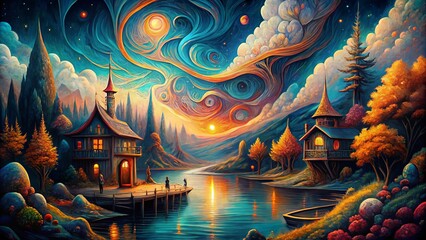 Fototapeta premium Ethereal clouds congregate, swirling in turmoil as jagged tree branches spear the atmosphere, while wisps of fog unfurl like living tentacles.