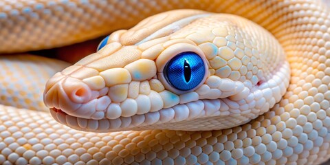 Fototapeta premium The camera captures a stunning close-up of a blue-eyed ball python, its eyes radiant against a soft, creamy background of leucistic scales.