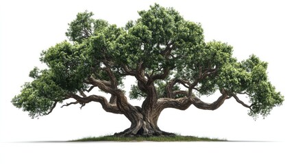 Fototapeta premium A sprawling oak tree with thick, twisted branches, isolated on a white background, showing strength and beauty.