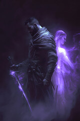 Obraz premium A strong looking mage in his thirties with a short beard, wielding a short sword glowing with dark purple energy