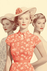 Illustration of three women in vintage 1920s style hats, retro fashion and timeless allure. The glamour and elegance of a bygone era, emphasizing classic clothing and sophisticated accessories.
