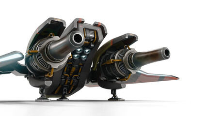 Concept art assault fighter, gunship, scratched gray metal, orange paint, turbines. Single-pilot spaceship on landing pad. Military vehicle for space wars. Back view. 3d render isolated white backdrop