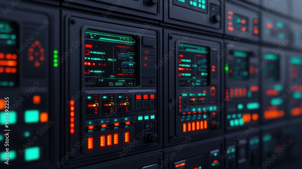 Poster futuristic sci-fi spaceship interior with intricate control panels - with ray tracing in quality