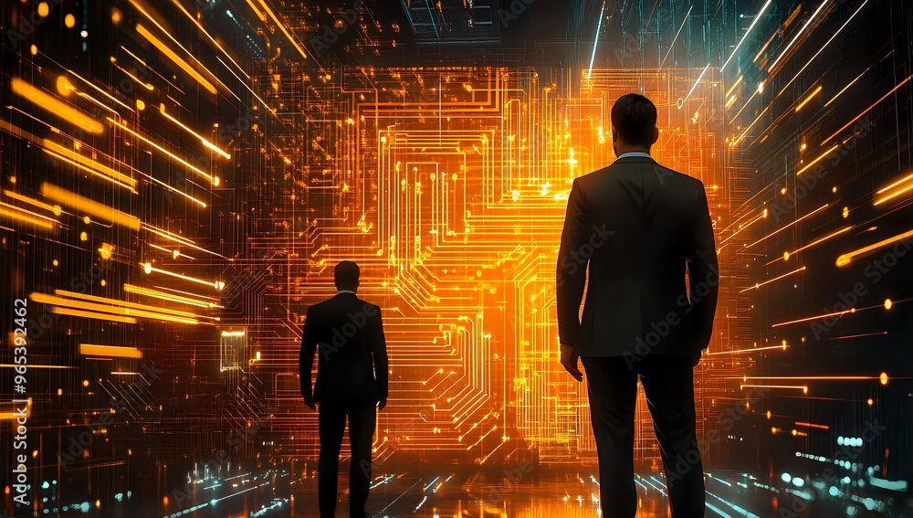 Poster silhouettes of two businessmen stand in a glowing abstract space filled with lines and circuits.