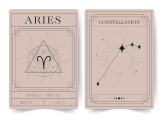 Aries. Witchcraft cards with astrology zodiac sign and constellation. Modern boho astrology posters. Perfect for tarot readers and astrologers. Vector illustration.