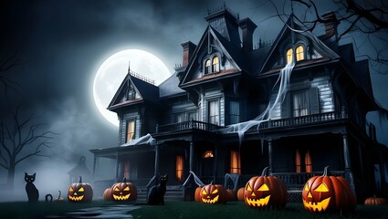 Spooky Haunted House with Jack-O'-Lanterns at Night