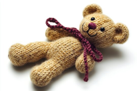 Hand-knitted teddy bear with a burgundy bwo around his neck, lying on a white background.
