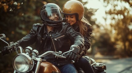 A biker couple riding together on a cruiser motorcycle, both wearing helmets and jackets.