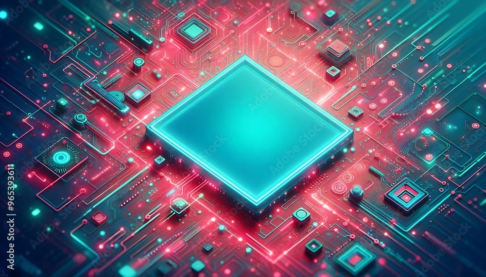 Poster a computer chip with a blue square in the middle. the chip is surrounded by a red background