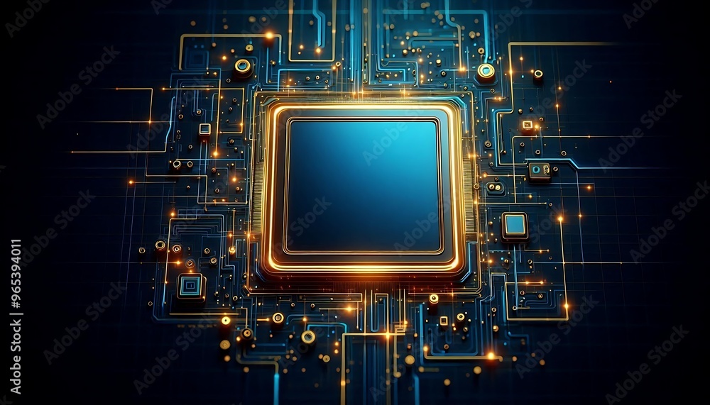 Poster a computer chip with a blue square in the middle. the chip is surrounded by a lot of circuitry and i