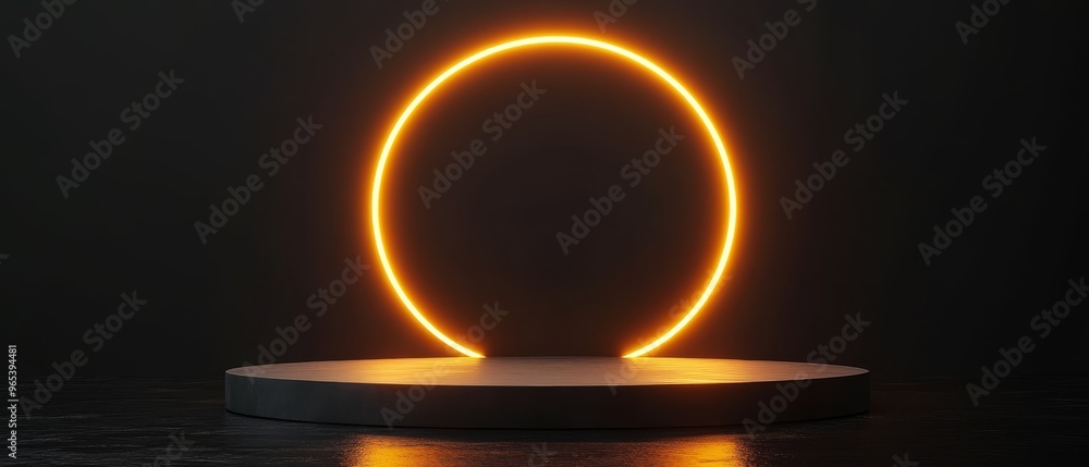 Aufkleber an empty circular podium platform with a glowing orange arch stands out against a black backdrop, de