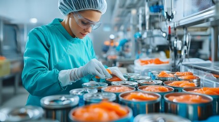 Worker Organizing and Labeling Sealed Cans of Fish in Packaging Area